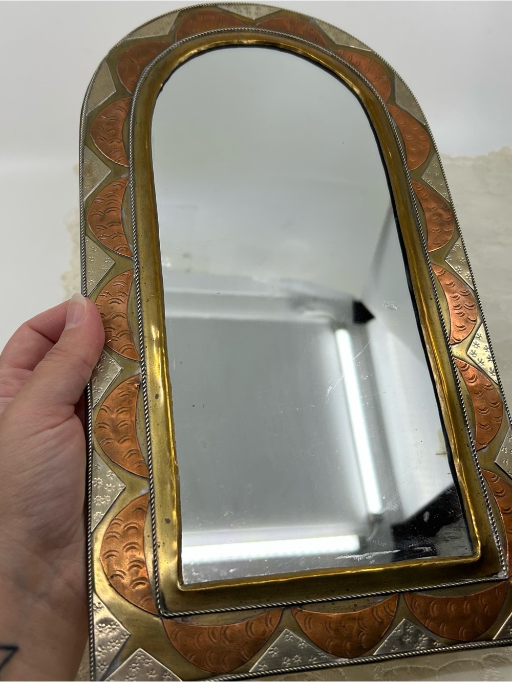Vintage Morocco Arch Mirror Handmade Mixed Metal Tin Celestial Moon Star Wall - Picture 2 of 10